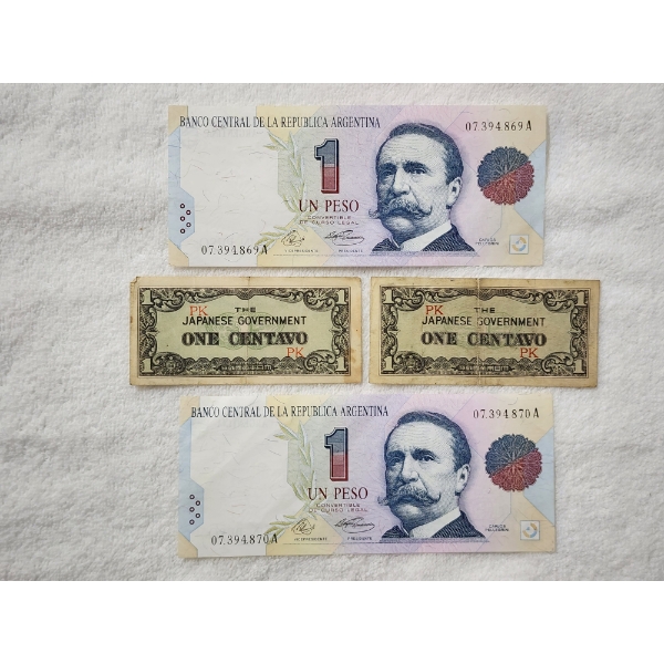 Four Assorted World Currency Paper Notes Ft. Two Jap. Govt. Centavo's & Two Argentina Peso's!