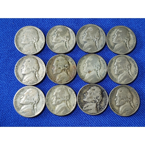 Lot of 12 Jefferson Wartime Nickels - 35% U.S. Silver - Face Value: $0.60