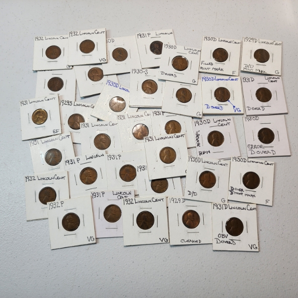Lot of 34 Assorted Years Lincoln Wheat Cents, Including Errors: D/D, RPM - Face Value $0.34