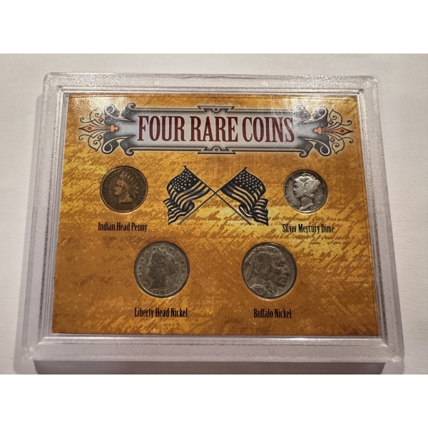 4 - Rare United States Coins In A Display Case - Silver Mercury Dime, Indian Head Penny & More