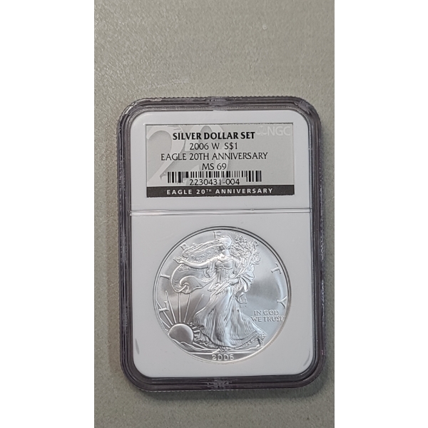NGC 2006-W MS 69 20th Anniversary 1 Troy Oz .999 Fine Silver American Eagle From Set