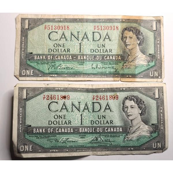 (2) 1954 Issue $1 Canadian Bank Notes 