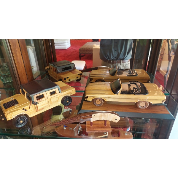 3 Pc Group Carved Wood Limited Edition Cars & Hand Knife - Includes Curtis Stimpson Signed Pc - NICE