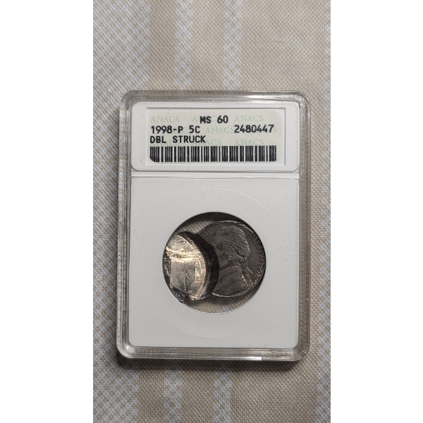 Unique One Of A Kind ANACS 1998-P MS 60 DBL STRUCK Jefferson Nickel
