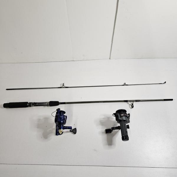 Three Piece Lot of Fishing Equipment including a 2-Piece Rod 34"/66" and 2 Compatible Fishing Reels 
