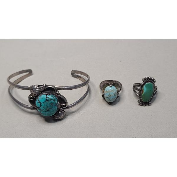 Sterling Silver Southwestern Style Cuff Bracelet & Rings With Turquoise - Total Weight: 26.3g