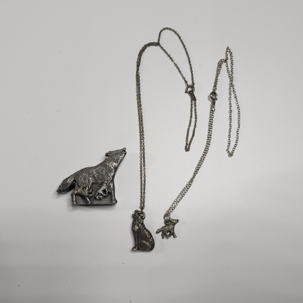 Unique Wolf Jewelry Set: Pin, Earrings, Necklaces 