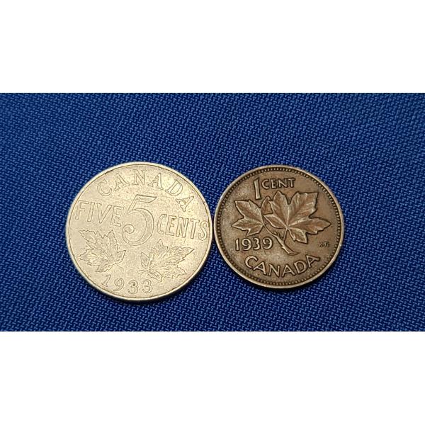 1933 Canadian 5 Cent Coin & 1939 Canadian 1 Cent Coin 