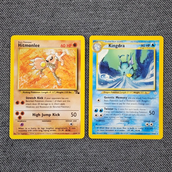 Two Non Holo Rare Vintage Pokemon Trading Cards ~ Fossil Set Hitmonlee & Neo Revelation Kingdra 