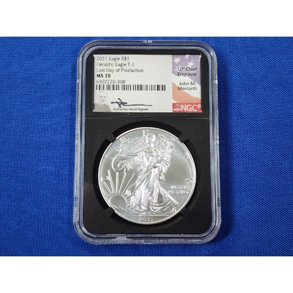2021 NGC MS 70 American Silver Eagle - 1oz Fine Silver - Heraldic Eagle T-1 - Mercanti Signed! 