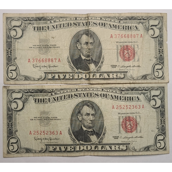 (2) U.S Series 1963 $5 Red Seal Bank Notes With Granahan & Dillon Signatures - Face Value: $10