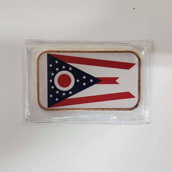 Ohio State Flag Colorized Copper Bar - 1 AVP oz .999 Fine Copper - Sealed 