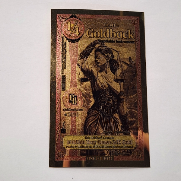 2026 Idaho 1/4 Goldback *Alpha Series* Justitia 1/4000oz 24K Gold Foil Note - In Holder