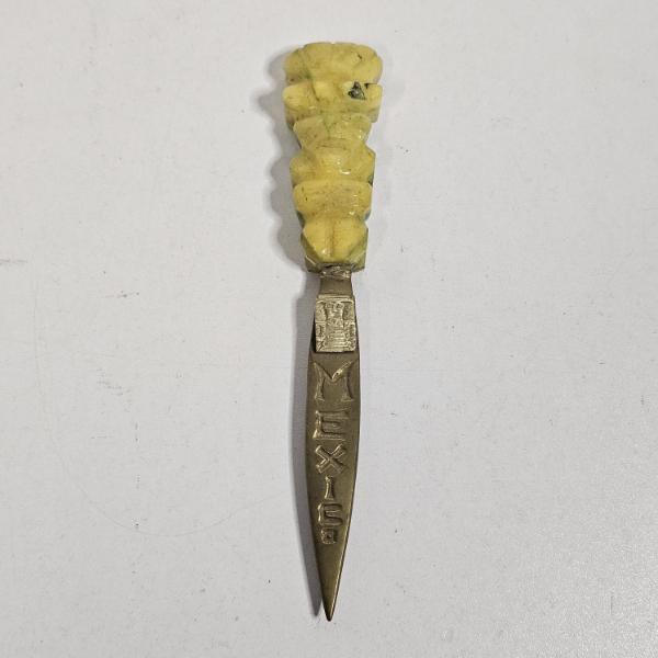 Vintage Mexican Brass Letter Opener ft. Carved Calcite (Mexican Onyx) Aztec Idol Handle, 6.25"