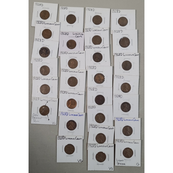 Assorted U.S 1920's Lincoln Wheat Cents Including Broken Rim Error Cent - Face Value: $0.28
