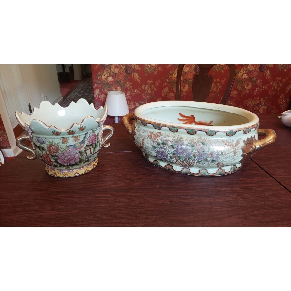 Pait Of Satsuma Porcelain Items As Shown - In Perfect Condition - 19" Handled Planter & 9" Vase
