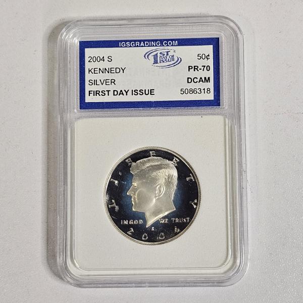 2004-S Kennedy 90% Silver Half Dollar, encapsulated and graded as PR-70 DCAM by IGS