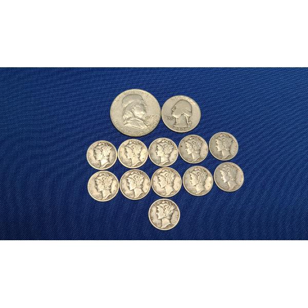 Assorted 90% Silver US Coins Including Franklin Half Dollar, Quarters & More -Face Value: $1.85