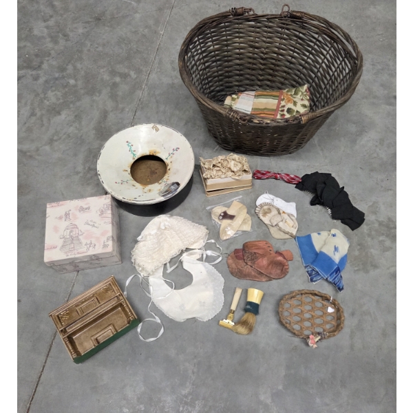 Vintage Collectables Including Lace Collar, Boxes, Baby Bib, Bonnet & Shoes, Hair Combs, & More