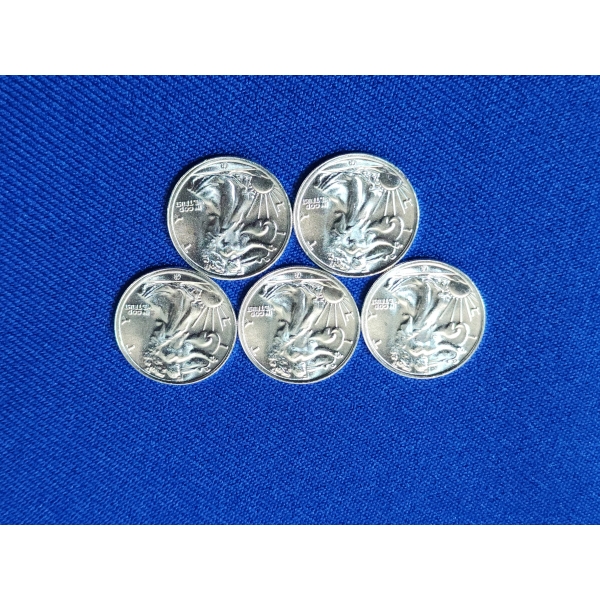 Lot of (5) 1/10th troy oz Walking Liberty Silver Rounds .999 Silver - 1/2 troy oz Silver Total!