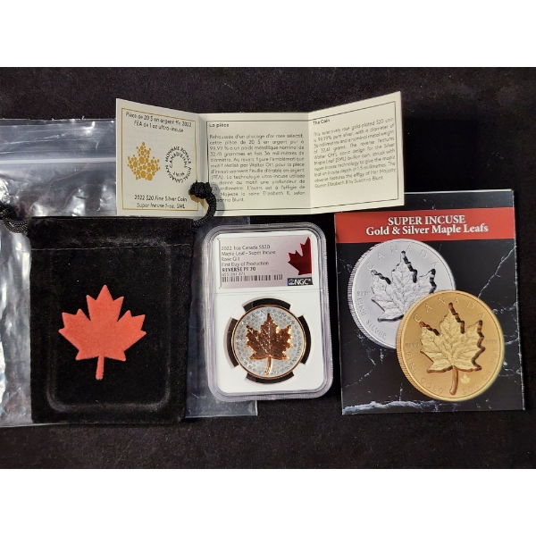 NGC Reverse Proof 70 Canada 2022 Silver 1 Oz Maple Leaf Super Incuse Rose Gilt