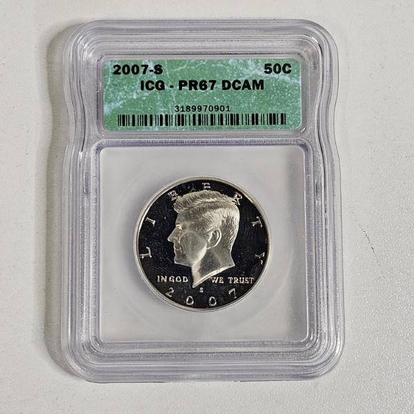 2007-S Kennedy Half Dollar, graded PR67 DCAM) by the ICG