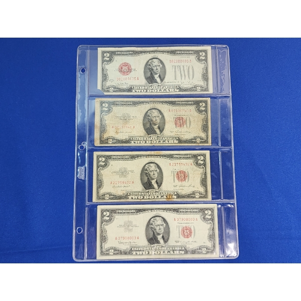 Lot of (4) United States Red Seal $2 Notes: 1928-G, x2 1953, 1963