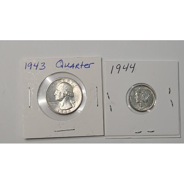 1943 Washington 90% Silver Quarter & 1944 90% Silver Mercury Dime - Face Value: $0.35