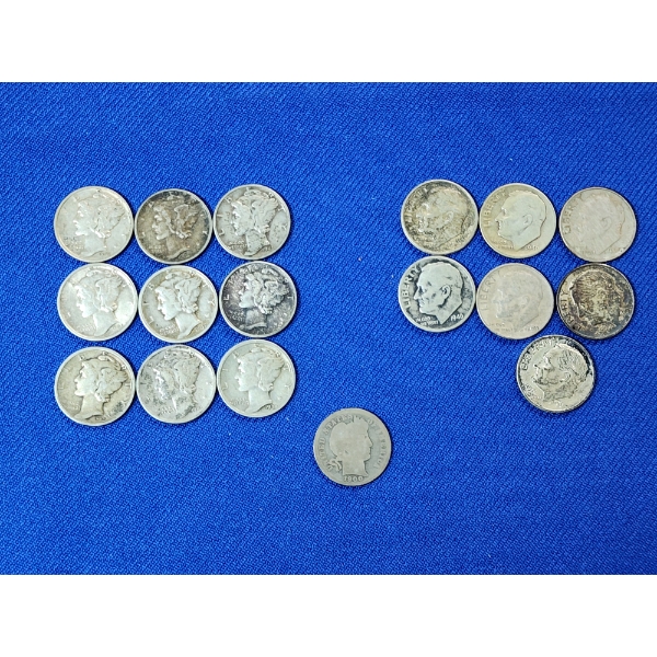 Assorted U.S. Silver Dimes: Including Mercury, Barber, and Roosevelt Dimes