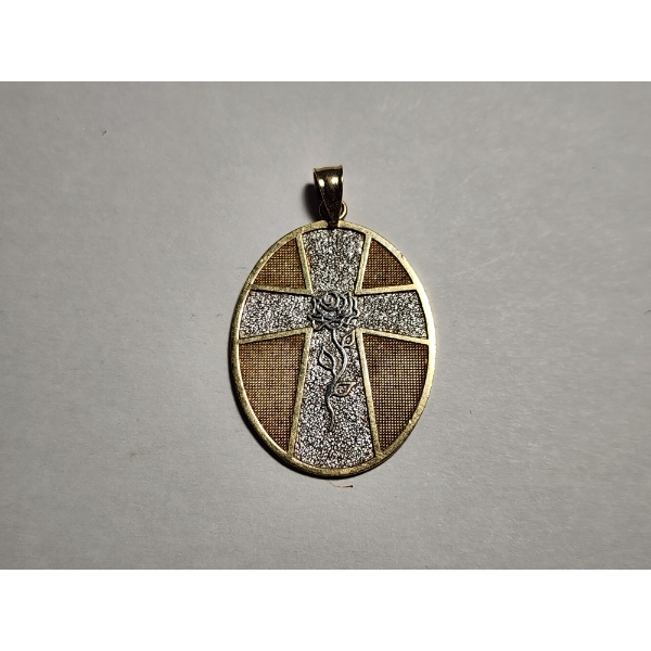 Beautiful Two-Tone 14K Gold Cross Rose Serenity Prayer Pendant TW: 2.7g