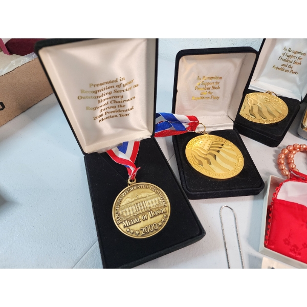 Assorted Costume Jewelry, Political Memorabilia Medals, Small Jewelry Boxes