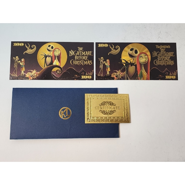 x2 Tim Burton's The Nightmare Before Christmas $100 24K Gold Foil Banknotes w/ CoA