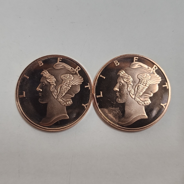 Two Mercury Head Design 1 AVDP Ounce .999 Fine Copper Rounds - 2 oz Copper Total!