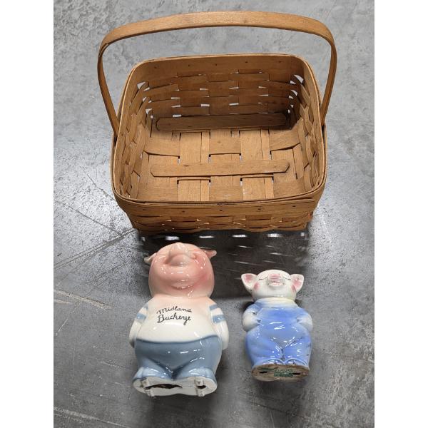 Vintage Collectable 7.5'' & 5.5'' Ceramic Piggy Banks And 12'' Longaberger Egg Basket