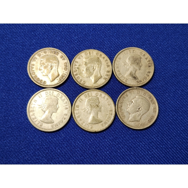 x6 Assorted Canadian 80% Silver Quarters ASW: 0.15oz Each / Total: 0.90oz