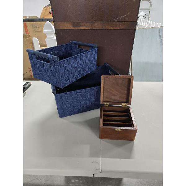 2 Blue Baskets (14" & 16") with Wooden Card File Box 6.5" Square