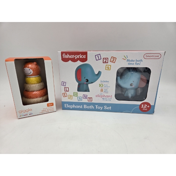 New Baby Items Including Fisher Price Elephant Bath Toy And Giggle Wooden Stacking Toy