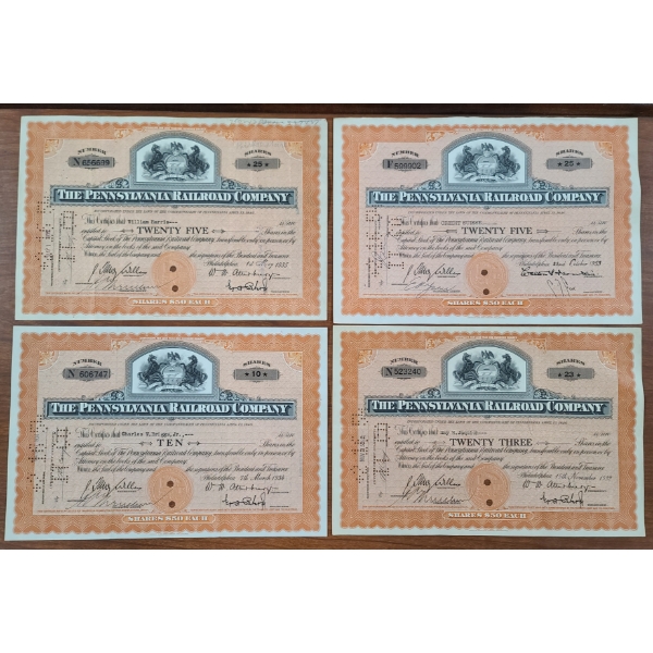 Lot of Four Pennsylvania Railroad Company Assorted Shares Certificates - Stamped from 1950's!