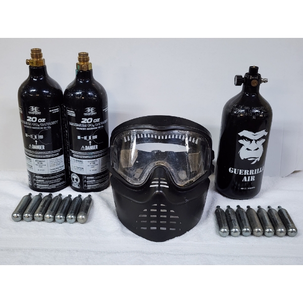 Assortment of CO2 Cans & Paintball Mask ~ Two Sizes of Cartridges 