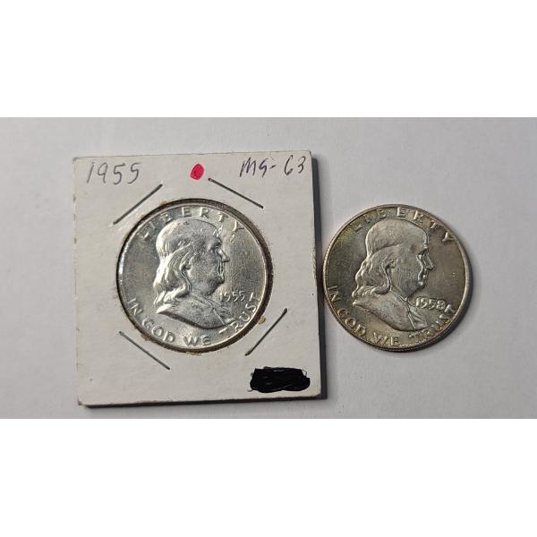 United States 1955 MS63 & 1958 Franklin 90% Silver Half Dollars - Face Value: $1.00