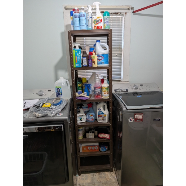 Metal Shelf With Mostly New Cleaning/Household Products As Pictured