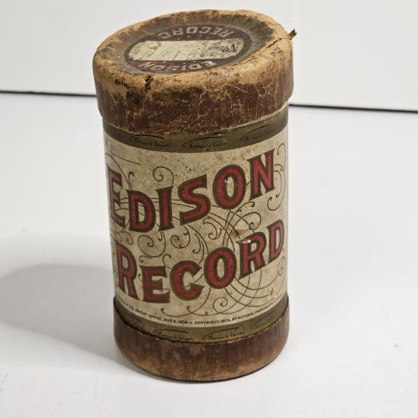 RARE ANTIQUE!!! 1904 Edison Gold Moulded Record Canister w/Pieces Of Phonograph Cylinder Recording