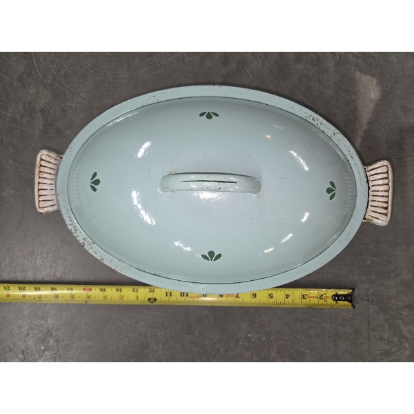 Vintage 5.3 Quart Holland Enamel Cast Iron Roaster And Vintage Cast Iron Fire Marker Sign