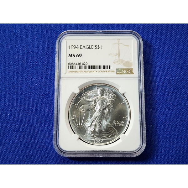 1994 $1 American Siver Eagle 1 oz Fine Silver Graded by NGC MS 69