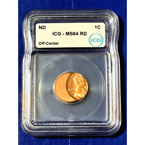 RARE ERROR CENT - GRADED MS64 RD BY ICG - LINCOLN MEMORIAL CENT OFF CENTER PLANCHET CUT ERROR