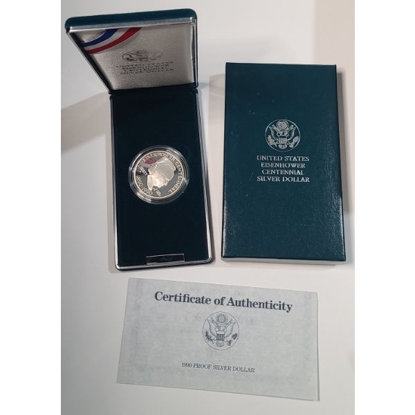 U.S 1990-P Eisenhower Centennial Commemorative Proof 90% Silver Dollar In Original Packaging