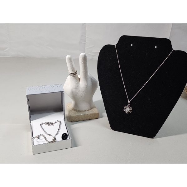 Assorted Costume Silver-Tone Jewelry: 18in Necklace, Size 7 Ring, and Adjustable Bracelet