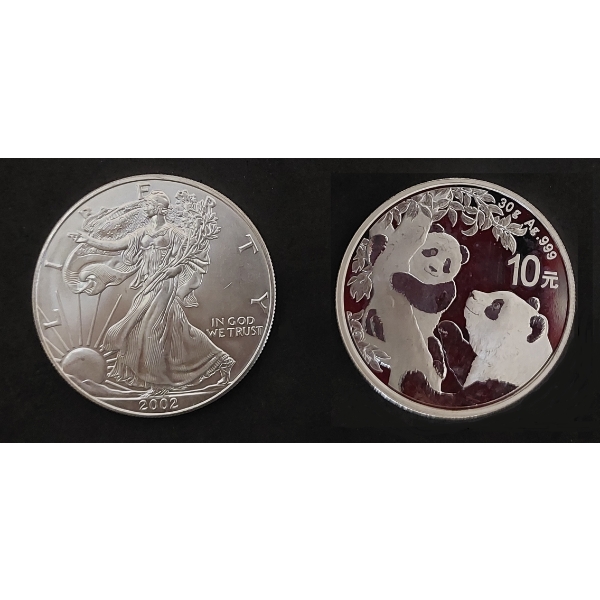 2002 American .999 Silver Eagle & 2021 .999 Silver Panda 2 Troy Ounces Total .999 Silver