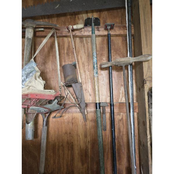 Wall of Garden Tools incl Shovels, Rake, Loppers, Metal Garden Fence and More