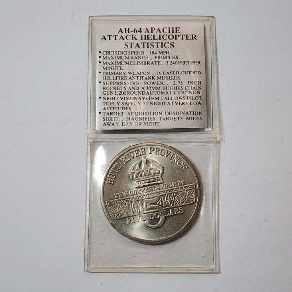 AH-64 Apache Attack Helicopter Desert Storm 1991 $5 Hutt River Province New Queensland Mint Coin 